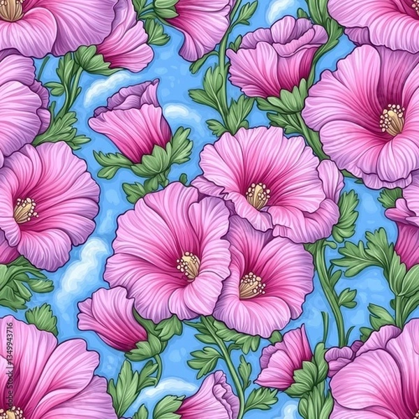 Fototapeta Seamless Pattern of Mini Pink Hollyhocks on Sky Blue Background with Fluffy White Clouds for Creative Design Projects