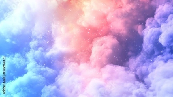 Fototapeta Pastel dreamscape with fluffy clouds and twinkling stars, a serene ethereal scene