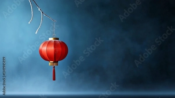 Fototapeta Red Lantern Hanging on Winter Branch - A red Chinese lantern hangs from a frost-covered branch against a dark blue background. A beautiful winter scene