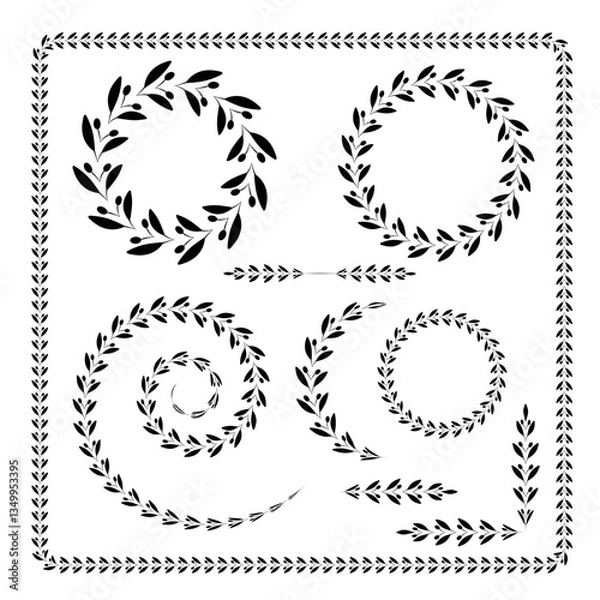 Fototapeta Set 7 black and white decorative ethnic frames and borders of laurel leaves and olives. Design elements for certificates, books, labels, stickers, champion awards, medals