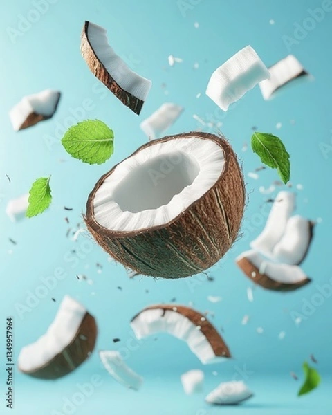 Fototapeta A coconut with mint leaves and coconut slices flying in the air, cut into pieces and placed on a blue background