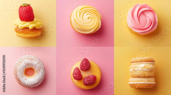 Fototapeta Bakery food banners, social media post templates. Square posters with sweet swirl buns and bakes on pink and yellow background, vector cartoon illustration