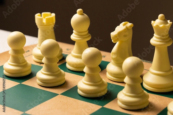 Obraz White chess pieces standing on green and beige chessboard