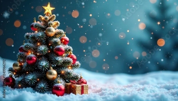 Fototapeta Snowy Christmas tree with ornaments and garland, evergreen trees, holly leaves