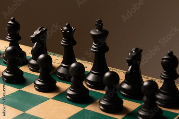 Obraz Black chess pieces standing on green and beige chessboard