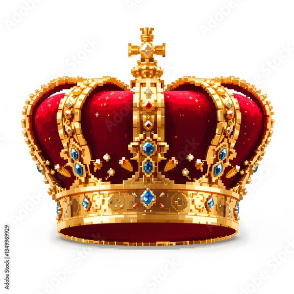 Fototapeta 8-bit Pixel Crown with Red Velvet Lining on White Background