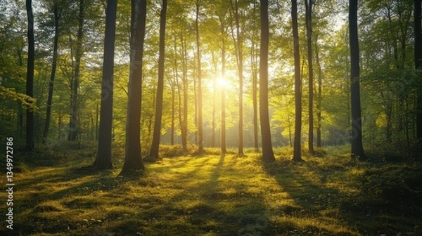 Fototapeta Luminous Forest Canopy: The sun bursts through a dense forest canopy, casting a radiant glow on the tranquil, moss-covered ground, creating a scene of pure natural wonder.