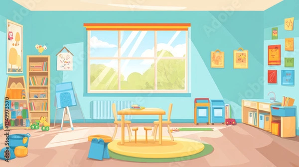 Obraz Kindergarten playroom interior design. Vector cartoon illustration of nursery school classroom with large window, furniture and toys, wooden table and chairs for kids, bookshelf, preschool education