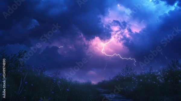 Fototapeta Nature's Fury: A dramatic scene unfolds as a vibrant bolt of lightning rips across the sky during a violent thunderstorm, casting an electric glow over the landscape below.