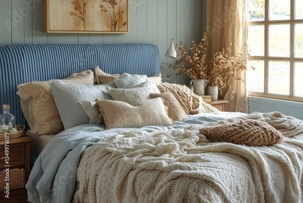 Fototapeta Serene Bedroom Haven: Cozy Knit Blankets and Soft Pillows