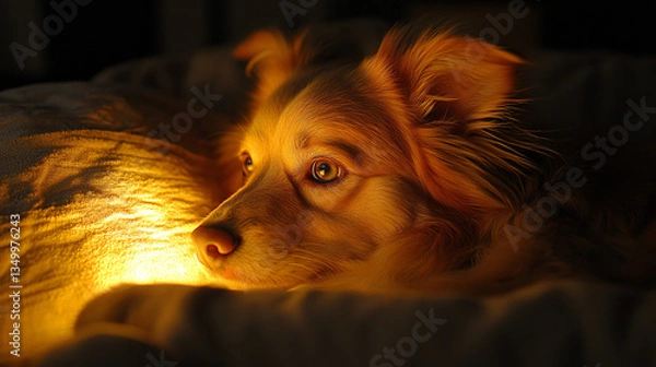 Fototapeta Thoughtful dog pondering in a quiet room filled with soft warm light creating an atmosphere of calm and reflection in its environment.