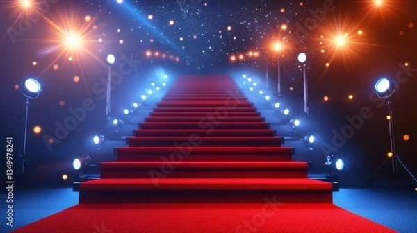 Fototapeta Red carpet stairs leading to bright spotlights on a dark background. (1)