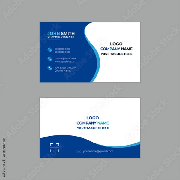 Obraz Double-sided creative business card template. Portrait and landscape orientation. Blue,  light blue and white corporate business card design.