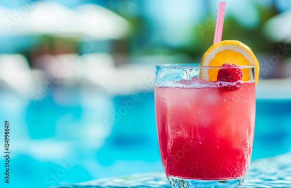 Obraz Red drink in a glass by the pool with a soft focus background