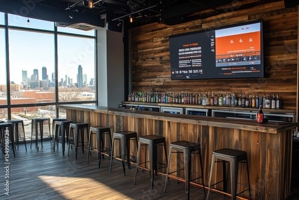 Obraz Modern bar with a rustic design, featuring a long wooden counter, metal stools, and a stunning city view from large windows.