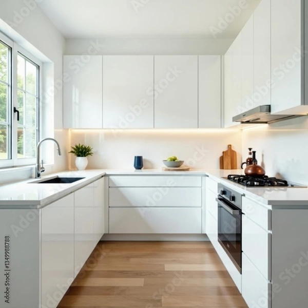 Fototapeta Sleek white cabinets, quartz countertops, minimalist backsplash, quartz, faucet