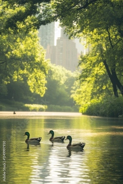 Fototapeta Lush greenery frames tranquil water, where ducks glide amidst ur