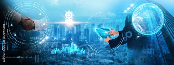 Obraz Quality Assurance: Businessman analyzing technological data and growth, performance metrics, process optimization, error detection, system reliability, testing strategies, and product consistency.