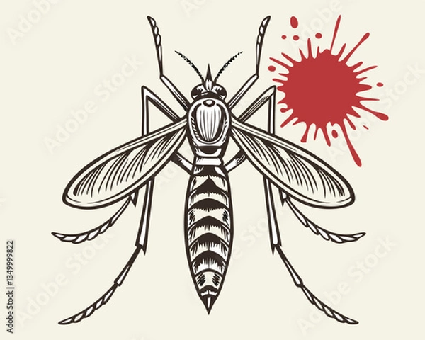 Fototapeta Mosquito drawing with blood splatter, representing disease, danger, and insect bites.