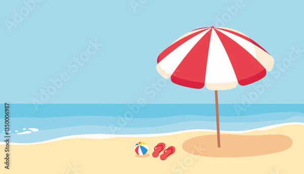 Fototapeta Beach umbrella and flip-flops on a sandy shore by the sea  
