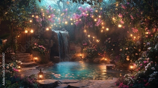 Fototapeta Enchanted garden with waterfall, flowers, and glowing lights.