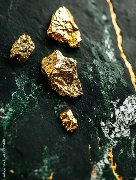 Fototapeta Captivating golden nuggets resting on dark, marbled stone surface