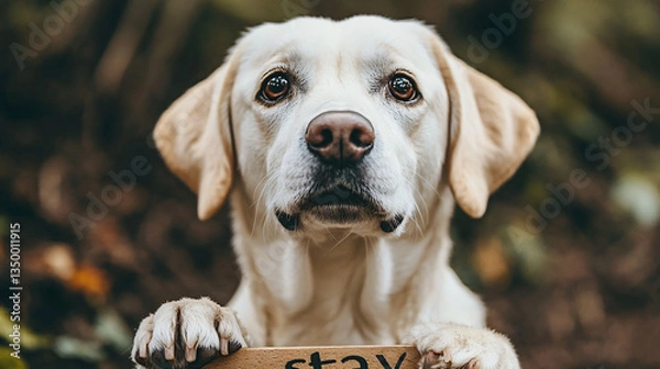 Fototapeta Dog holding a sign that says stay in a sunny outdoor setting surrounded by green grass and bright sunlight for training demonstration.