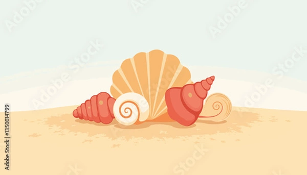 Fototapeta Colorful seashells arranged on sandy beach background  