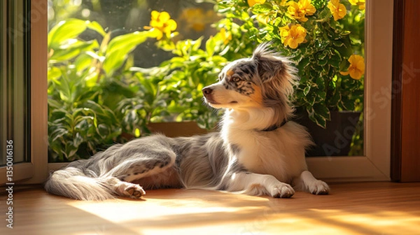 Fototapeta Dog sitting comfortably in front of a bright window while observing the outside world and awaiting commands from its owner.