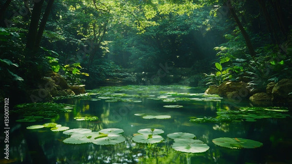 Fototapeta A peaceful pond covered with lily pads surrounded by dappled sunlight and tranquil reflections of nature's beauty.