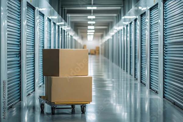 Obraz cart with boxes in a storage facility hallway with many storage units. The lighting creates a sense of depth