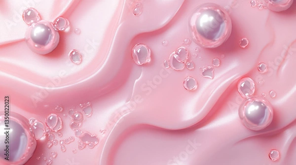 Fototapeta Pink candy drips with scattered pearls on transparent background - flowing sweet streams, sugary glaze pattern with glossy melted texture and shiny decorative spheres. Confectionery design element.