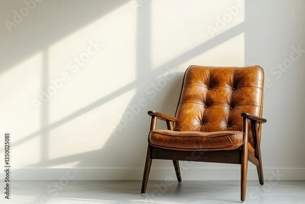 Obraz an elegant leather armchair in a cozy living space under sunlight. The armchair is the focal point of the scene, bathed in warm light