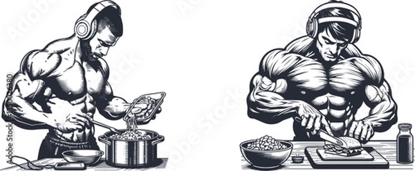 Fototapeta Engraved Muscular Man Wearing Headphones, Focused on Meal Preparation in a Dynamic Culinary Scene Design old color
