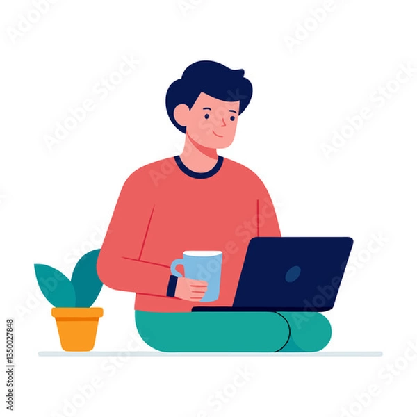 Fototapeta Person Drinking Coffee and Working on Laptop – Cozy Modern Vector Design on Transparent Background