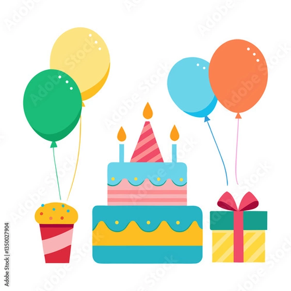 Fototapeta Birthday party scene with balloons confetti and a big cake in a cheerful vector style on transparent background