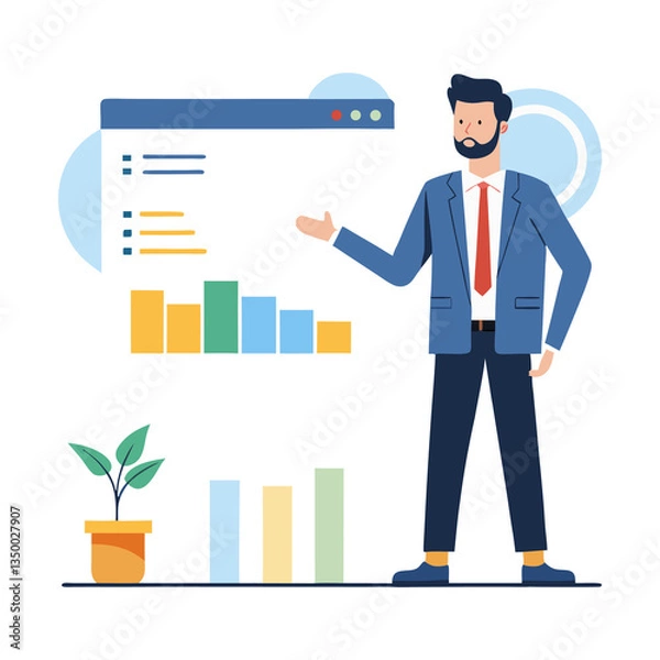 Fototapeta Businessman giving a presentation with charts and graphs in a modern flat vector style on transparent background