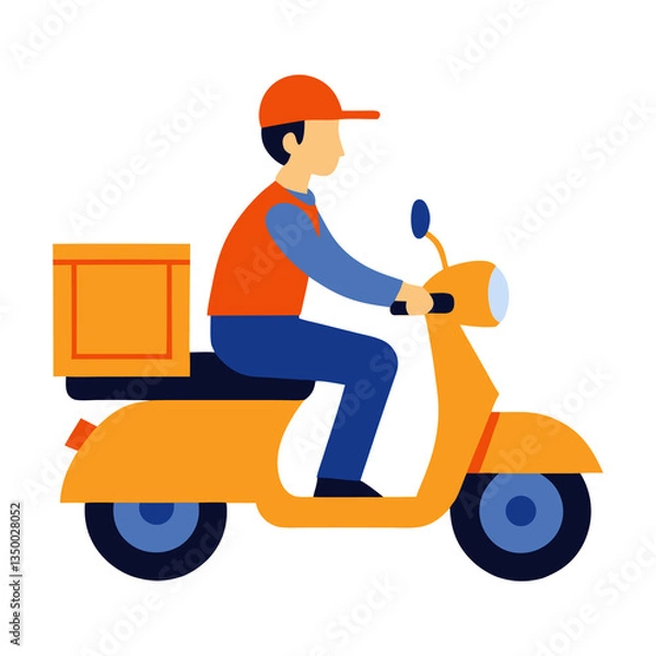 Fototapeta Delivery man riding a scooter in a simple professional vector style on transparent background