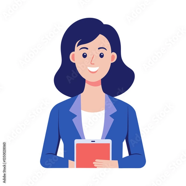 Fototapeta Female entrepreneur holding a tablet and smiling confidently with modern minimalist colors on transparent background