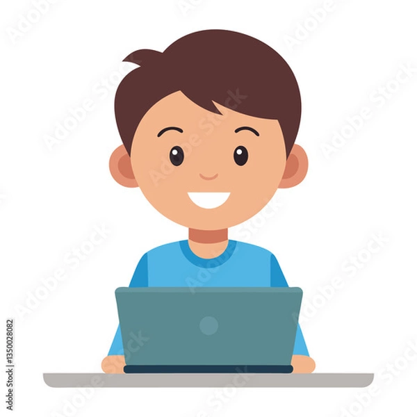Fototapeta Happy young boy sitting at a desk using a laptop with a bright smile and smooth vector shading on transparent background
