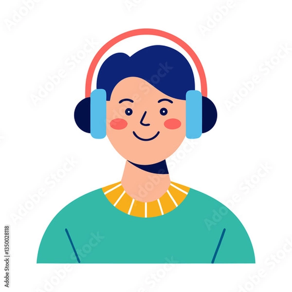 Fototapeta Person listening to music with headphones in a fun modern vector style on transparent background