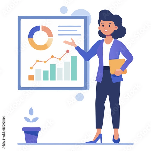 Obraz Businesswoman giving a presentation using a large digital screen pointing at data charts with a confident expression in a clean vector style with smooth gradients on transparent background