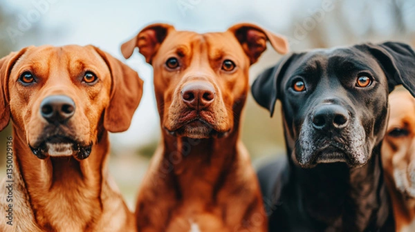 Fototapeta Three charming dogs looking directly at the camera in a bright and sunny park reflecting their joyful personalities and playful spirits.