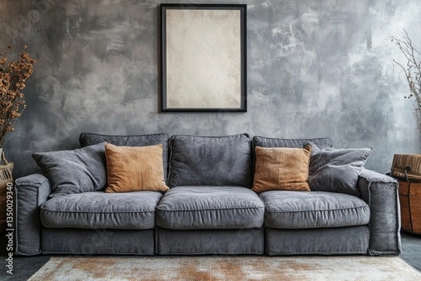 Fototapeta a cozy living room interior featuring a stylish grey sofa, two decorative pillows, a framed picture, and a concrete wall