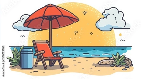Fototapeta Whimsical Beach Scene with Red Umbrella and Deckchair Relaxing Seascape