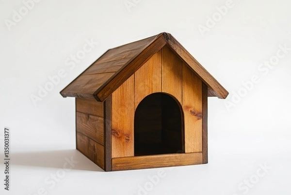 Fototapeta A small wooden doghouse stands against a simple plain white background