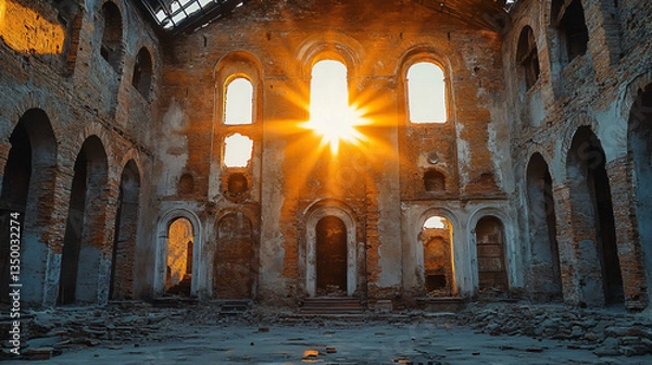 Fototapeta Captivating sun setting behind a weathered facade of a mystical ruin bathed in golden hour glow and dramatic sky.