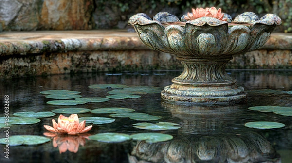 Fototapeta Stunning fountain adorned with graceful water lilies in a whimsical garden at twilight with a reflective surface.