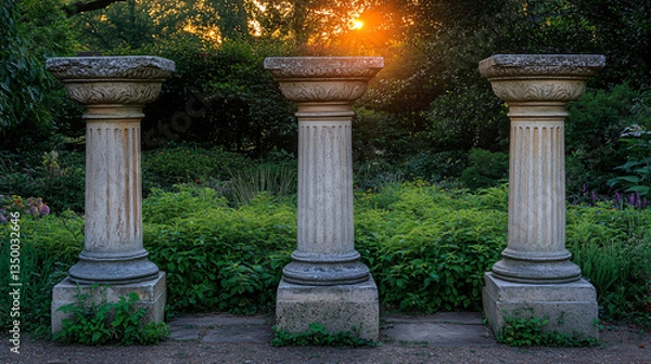 Fototapeta Majestic stone pillars standing tall in a whimsical garden surrounded by vibrant flora under a soft twilight sky.