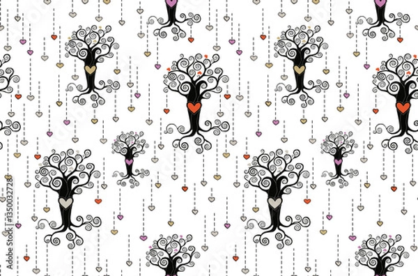 Fototapeta Trees and hearts on a white background. Seamless pattern